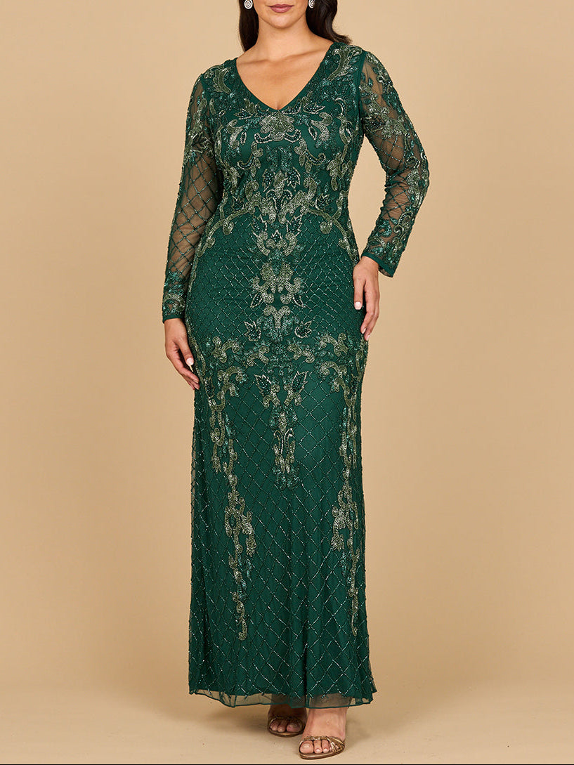 lara green dress Lara Dresses 29116 Long Sleeve Formal A Line Beaded Evening Dress