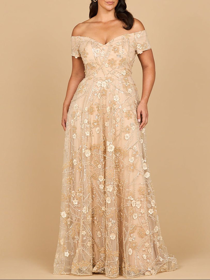 fame and partners off the shoulder dress Lara 28882- Off Shoulder A-Line Floral Gown Taupe / 14