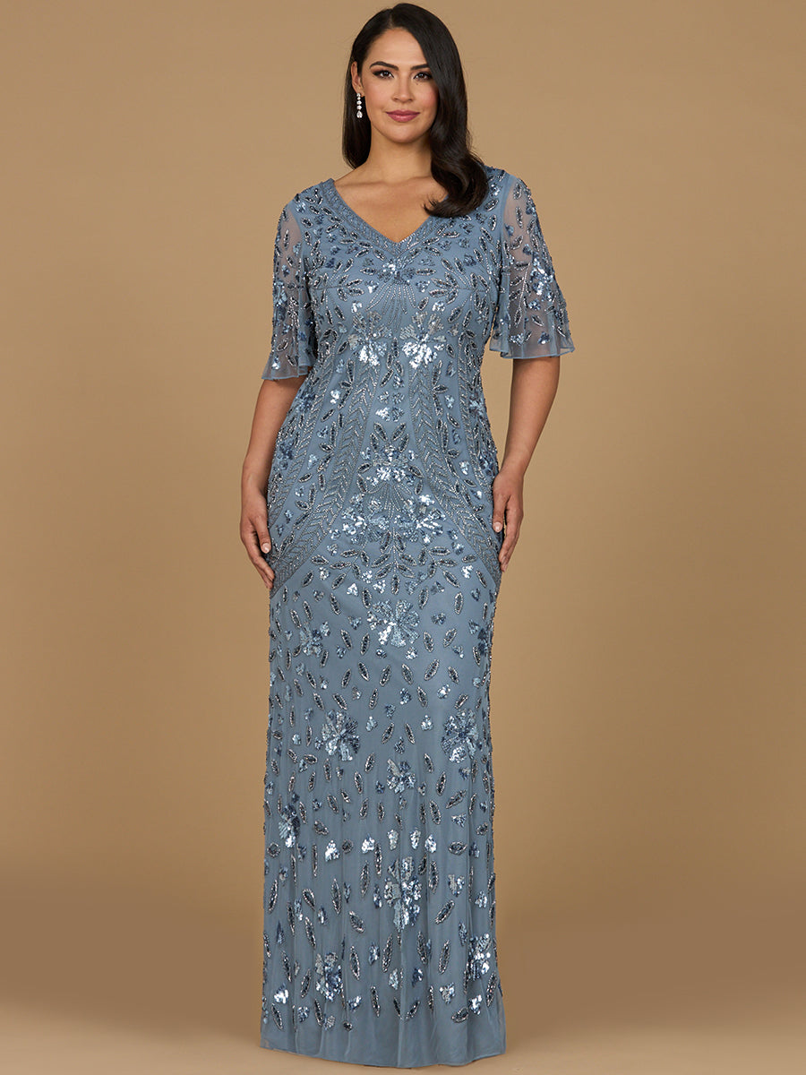 Lara 28878- Long Sleeve V-Neck Ombre Lace Gown main image 0