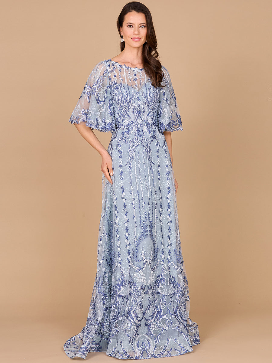 Lara 28984 - Embroidered, Cape Sleeve A-line Gown