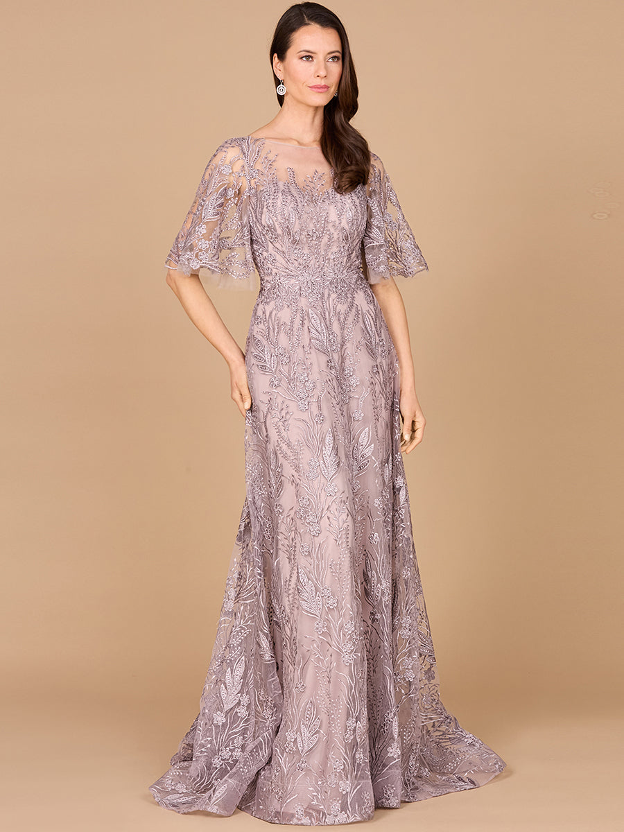 Lara 28985 - Modest, Cape Sleeve A-line Gown