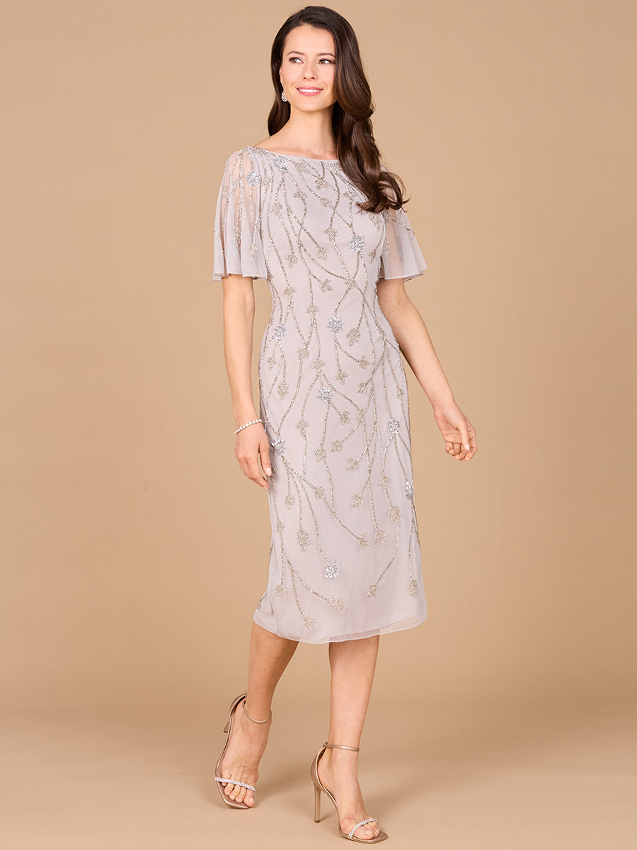 Lara 28996 - Beaded Midi Dress with Cape Sleeves – Lara New York