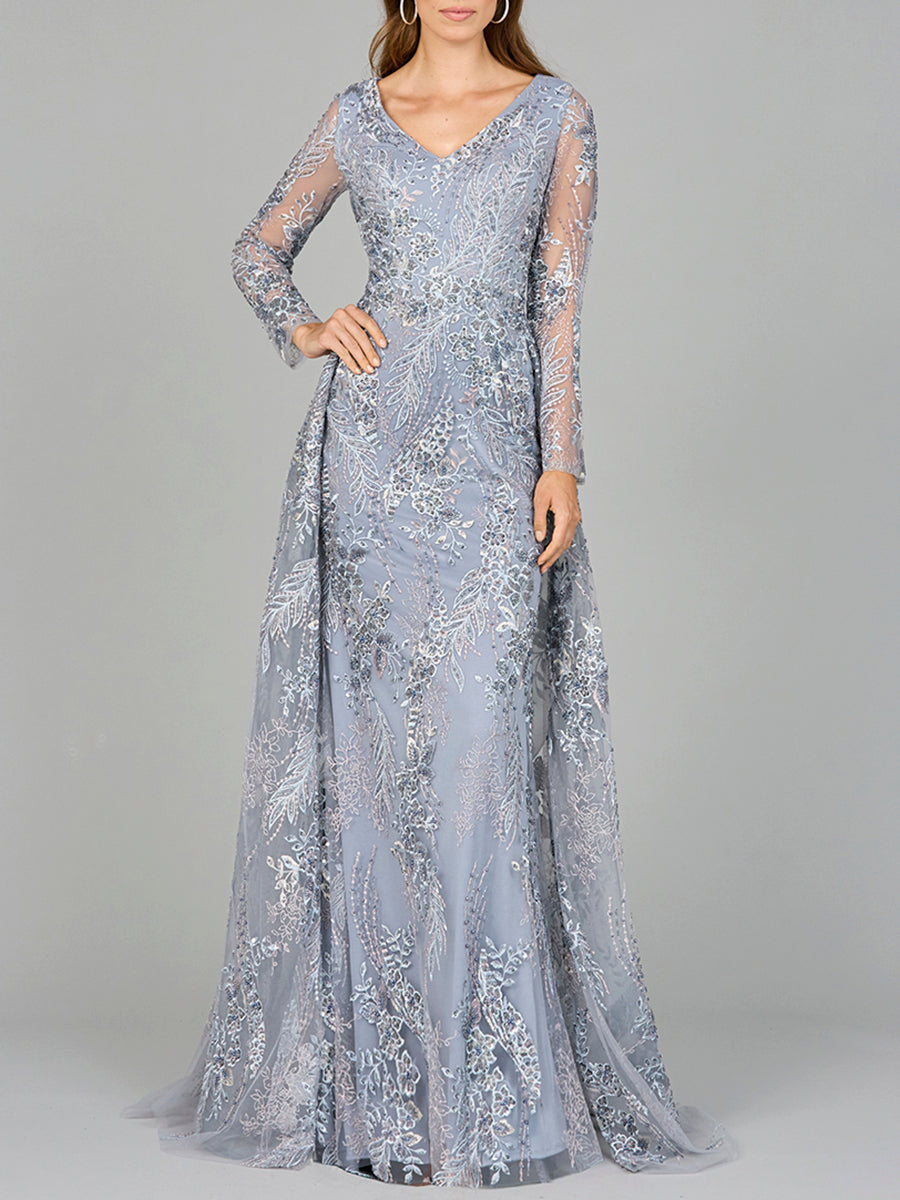 Lara 29046 - Lace Long Sleeve Gown with Overskirt