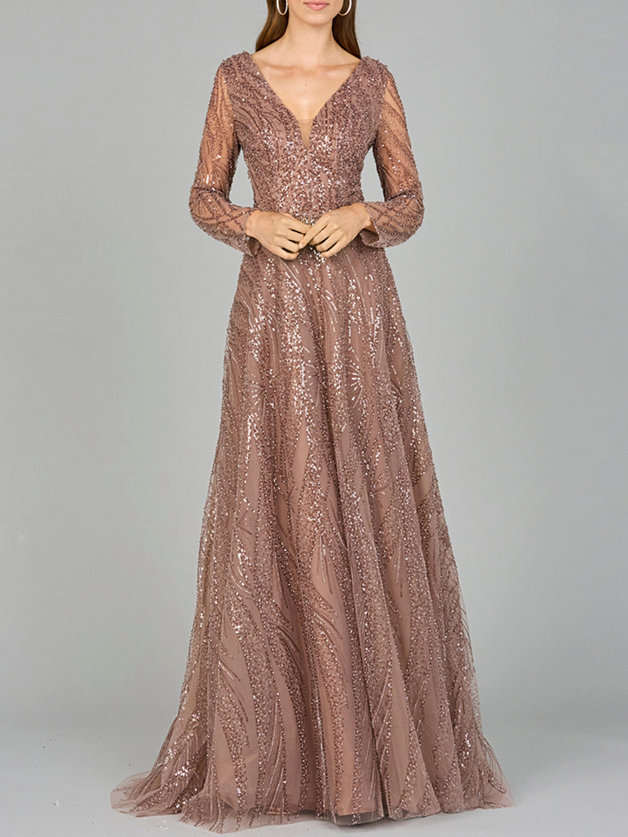 LARA Women's Modest Long Sleeve Ball Gown - Taupe LARA Women's Modest Long Sleeve Ball Gown - Taupe