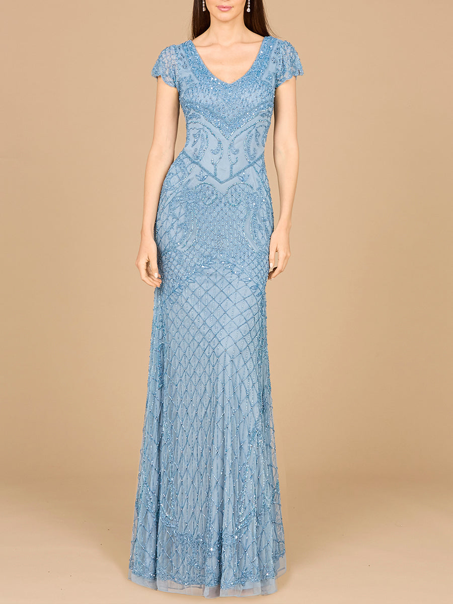 Pleated V-Neck Beaded Maxi Gown With Cap Sleeves Slate Blue main image 1