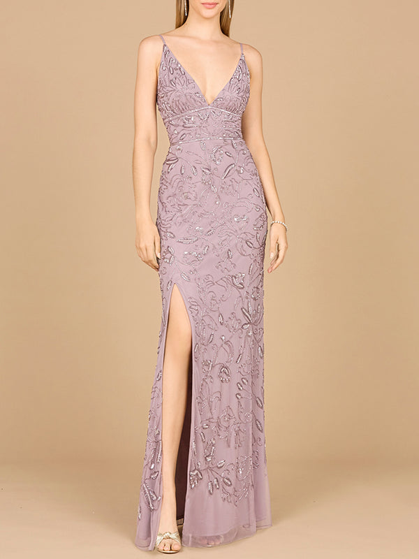 Embellished Gown with Slit And Spaghetti Straps - OUTLET