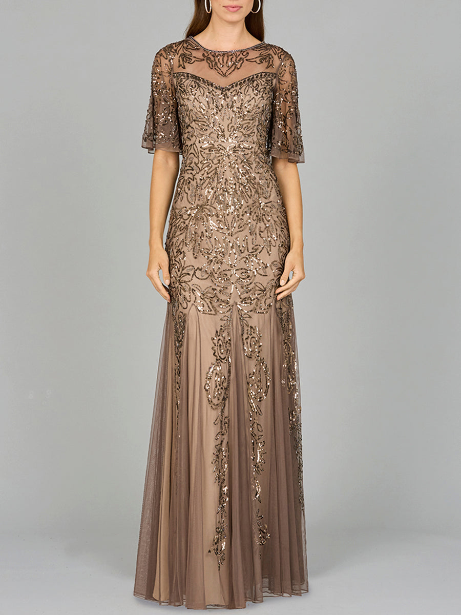 Lara Women's Short Sleeve Sheath Beaded Gown