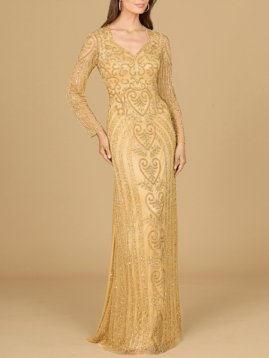 Lara Women's V Neck Beaded Long Sleeve Dress - Gold Lara Women's V Neck Beaded Long Sleeve Dress - Gold