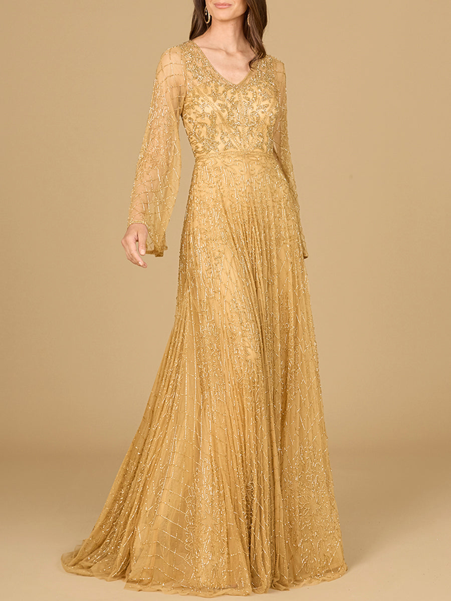 Beaded Long Dress with Flare Sleeves Gold / 4 Beaded Long Dress with Flare Sleeves Gold / 4