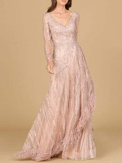 Lara 29133 - Long Sleeve V-Neck Lace Gown with Feathers