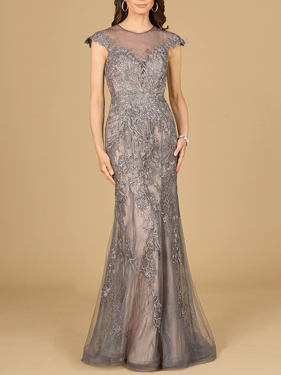 Lara Women's Sheath Lace Gown with Cap Sleeves
