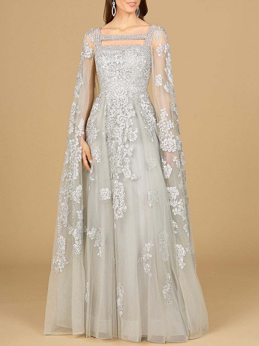 Lara Women's Lace Gown with Long Cape Sleeves - Silver Lara Women's Lace Gown with Long Cape Sleeves - Silver