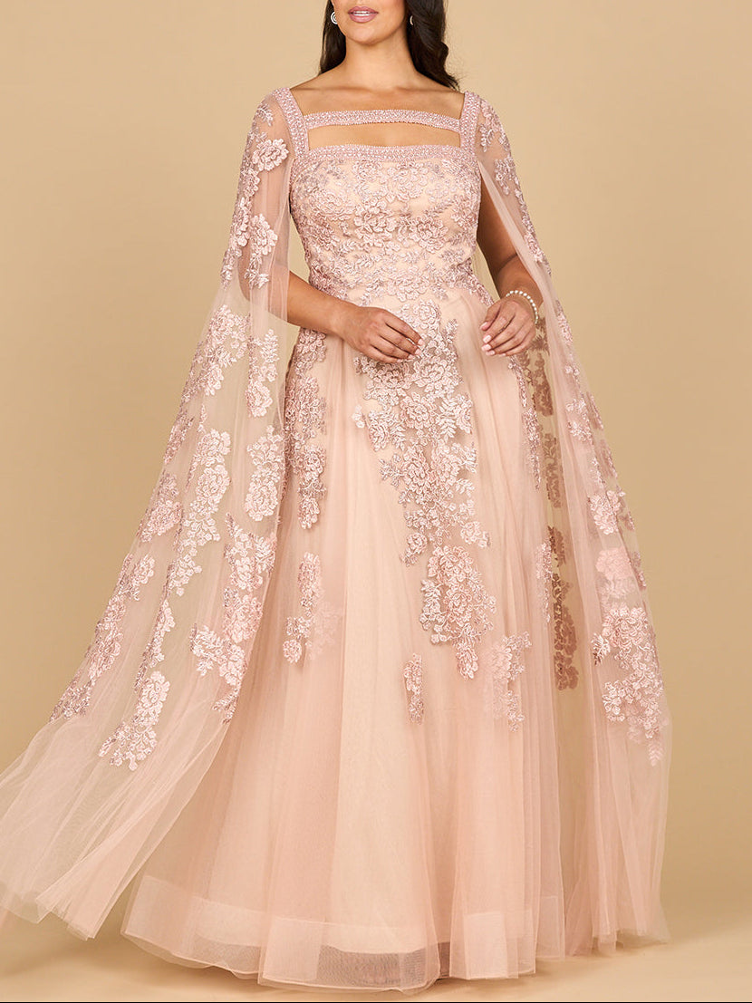 Lara Lace Embroidered Gown with Long Cape Sleeves Blush / 8