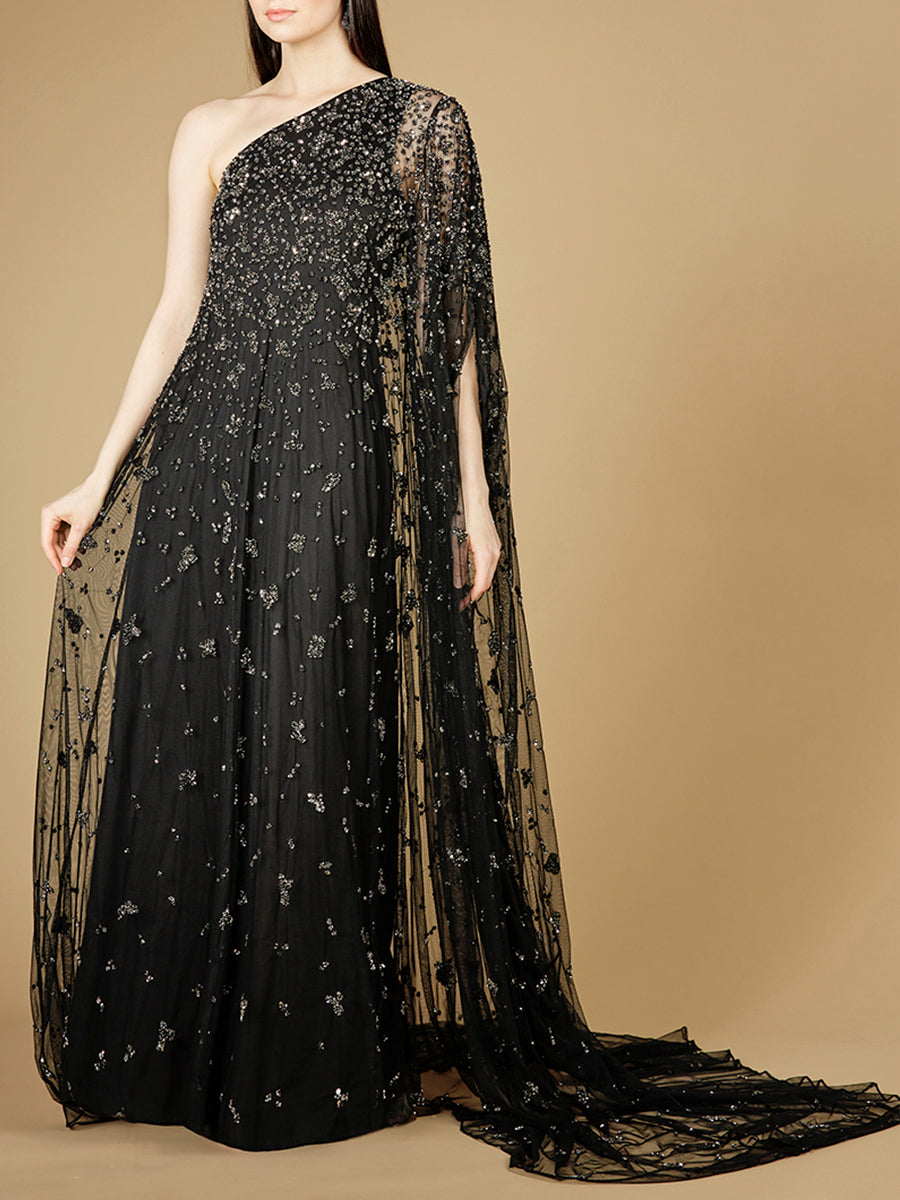 One Shoulder Cape Sleeve Gown Black / 4 One Shoulder Cape Sleeve Gown Black / 4