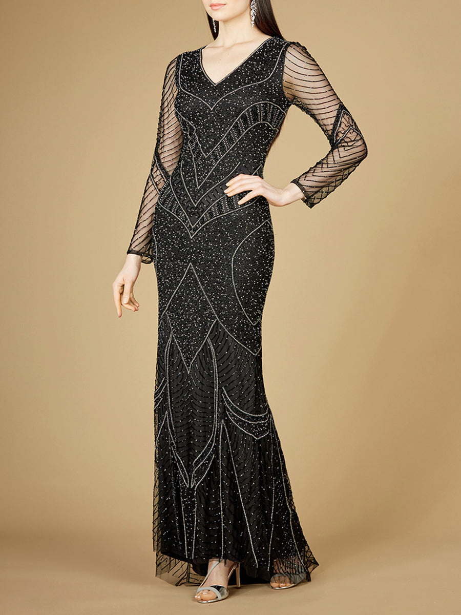 Long Sleeve Beaded Dresses with Sheer Sleeves - OUTLET Lara New York Long Sleeve Beaded Dresses with Sheer Sleeves - OUTLET Lara New York