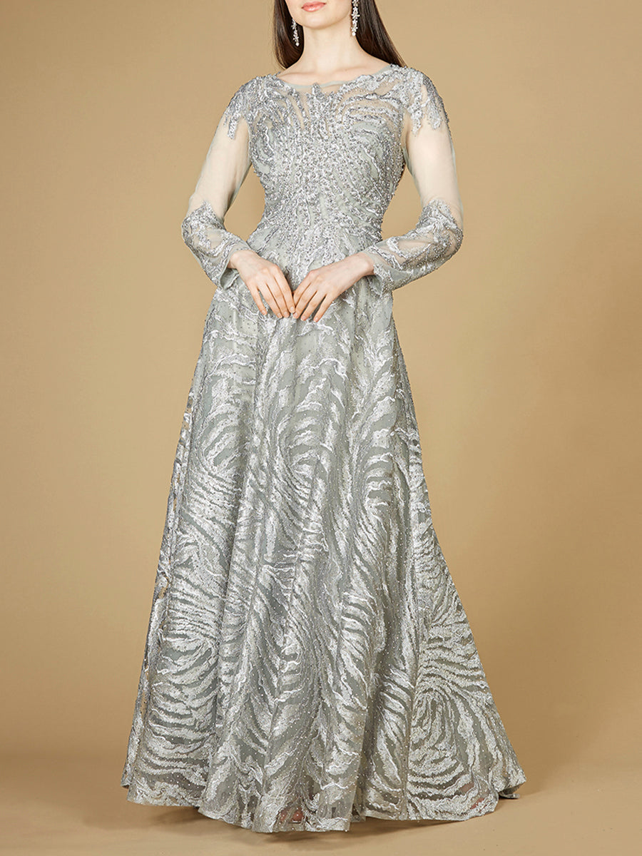 Lace Ball Gown with Long Sheer Sleeves and High Neck - OUTLET
