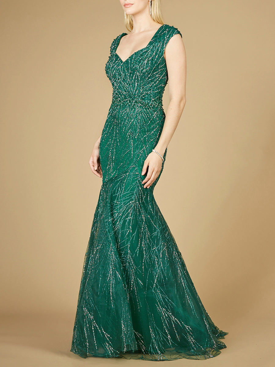 Lara Cap Sleeve Mermaid Beaded Gown - Green