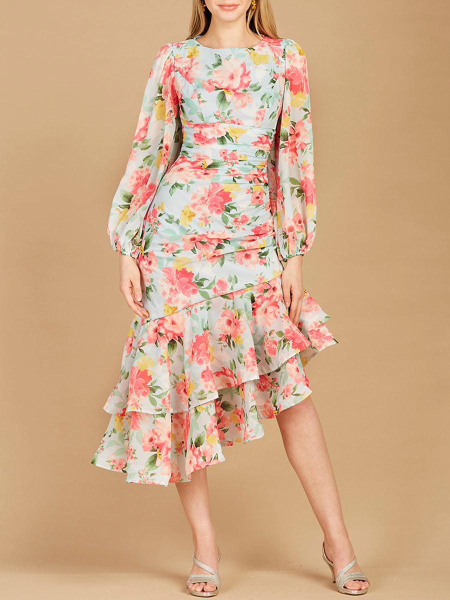 High Neck, Lace Up, Long Sleeve Printed Midi Dress - OUTLET