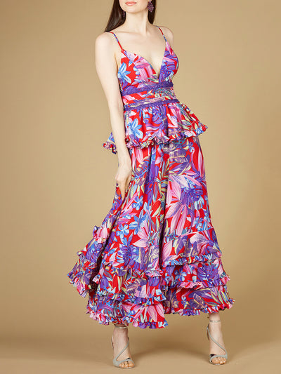 Lara 29268 - Ruffle Skirt Printed Gown - OUTLET