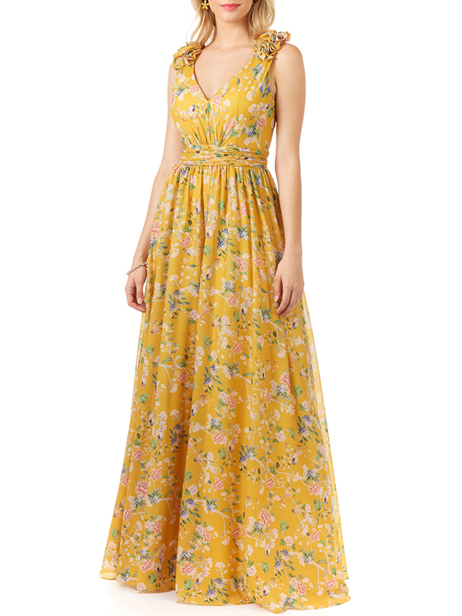 V-Neck Long Print Gown with Straps Lara New York V-Neck Long Print Gown with Straps Lara New York