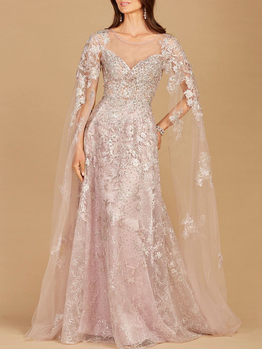 Lara 29300 - Lace Gown with Cape Sleeves, Sweetheart Neckline