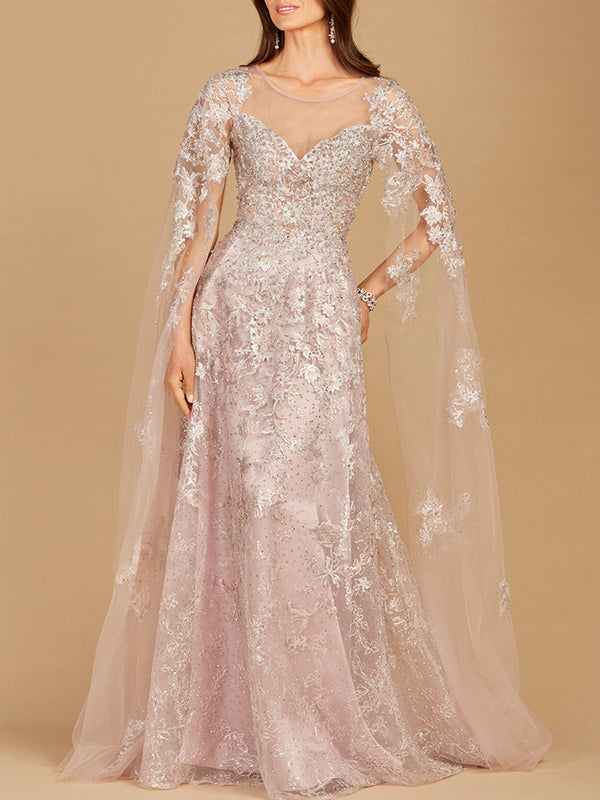 Lace Gown with Cape Sleeves, Sweetheart Neckline | 29300