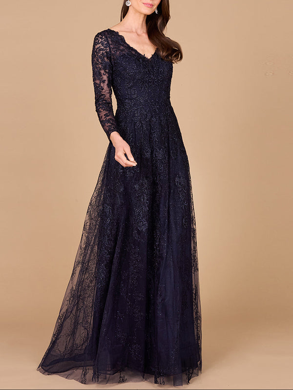 Long Sleeve V-Neck Lace Gown