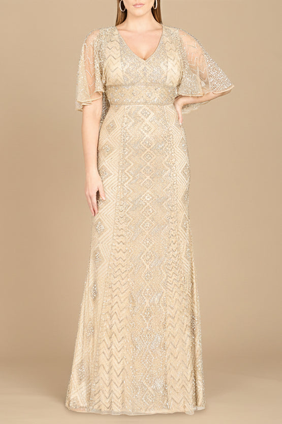 Lara 29397 - Cape Sleeve V-Neck Beaded Gown - OUTLET Nude/Silver / 4 Lara 29397 - Cape Sleeve V-Neck Beaded Gown - OUTLET Nude/Silver / 4