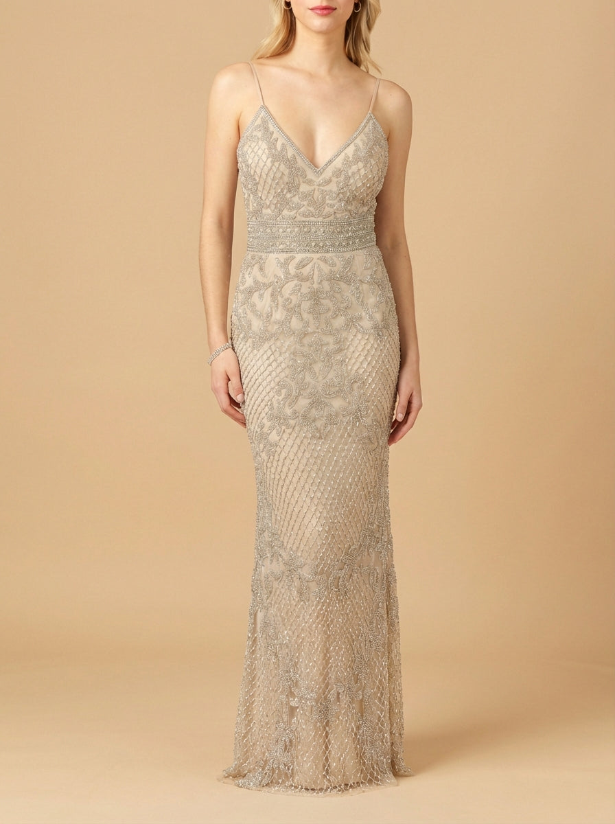 Body Con V-neck Beaded Dress | Lara 29904 Nude/Silver / 00 Body Con V-neck Beaded Dress | Lara 29904 Nude/Silver / 00