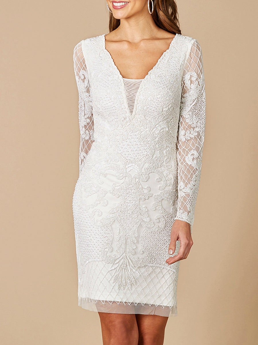 Lara 51052 Carla Long Sleeve Beaded Lace Mini Dress  Lara New York