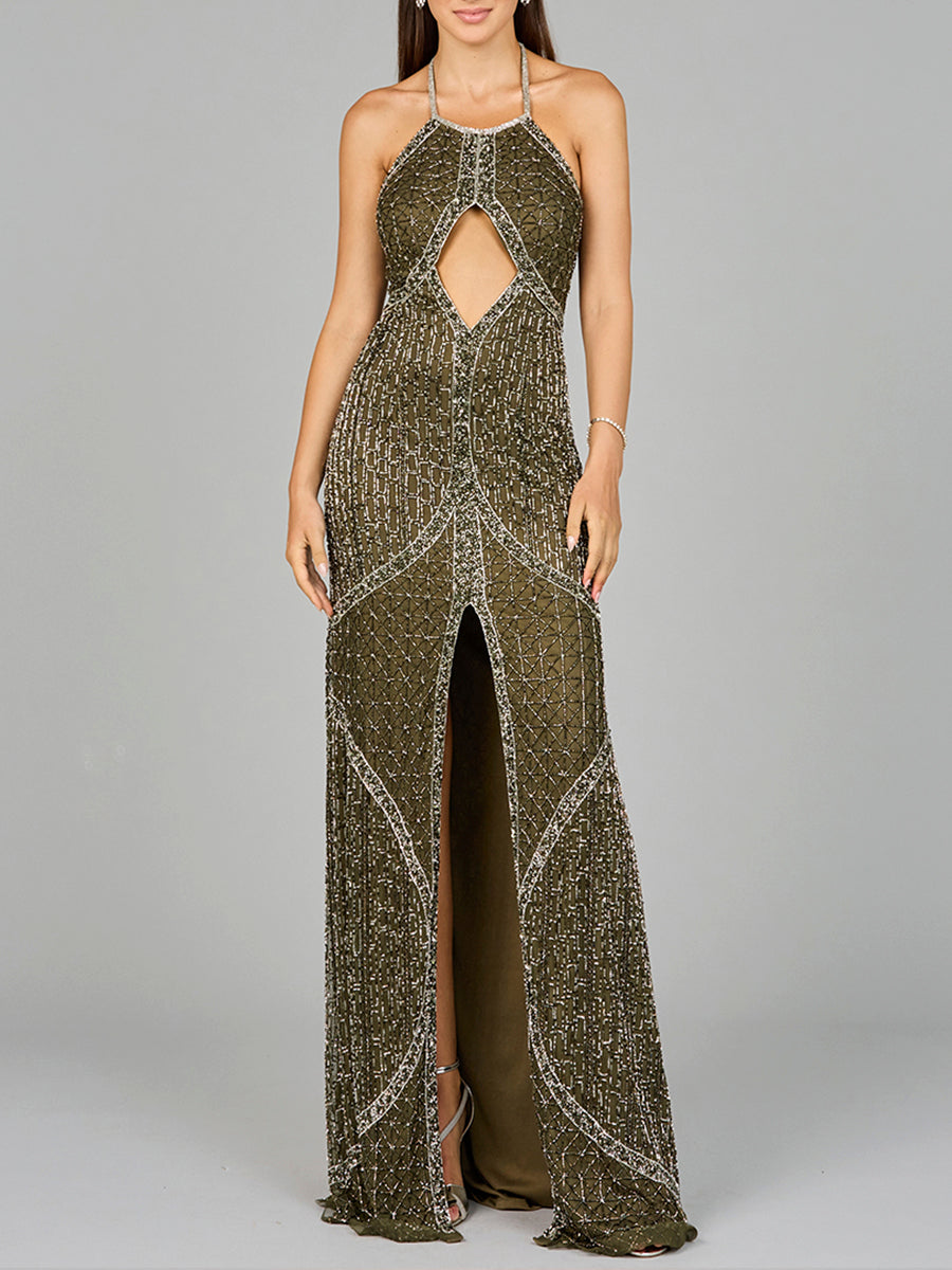 Lara Women's Symmetrical Halter Neck Beaded Gown
