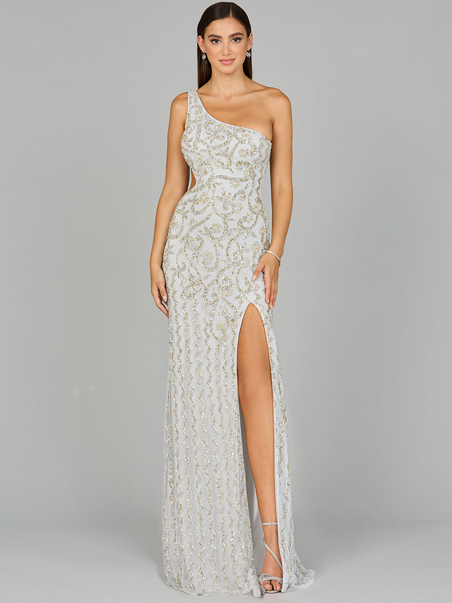 Lara 9947 - One-Shoulder Beaded Gown with Slit