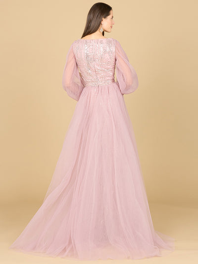 Lara 29158 - Long Sleeve Lace Gown with Removable Over Skirt-Dress-Lara-Lara