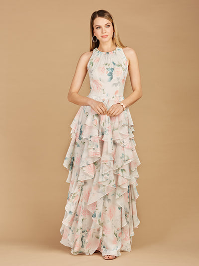 Lara 29247 - High Neck, Ruffled Skirt Printed Dress