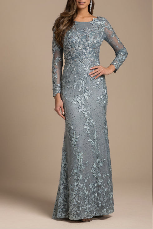 Lara 29924 - Long Sleeve Lace Dress With Lace Appliques Silver Sage / 18 Lara 29924 - Long Sleeve Lace Dress With Lace Appliques Silver Sage / 18