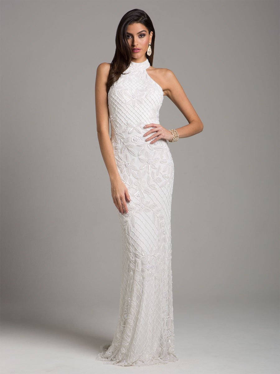 Lara 51003 Lattice-Beaded Halter Neck Sheath Wedding Gown Ivory / 2 Lara 51003 Lattice-Beaded Halter Neck Sheath Wedding Gown Ivory / 2