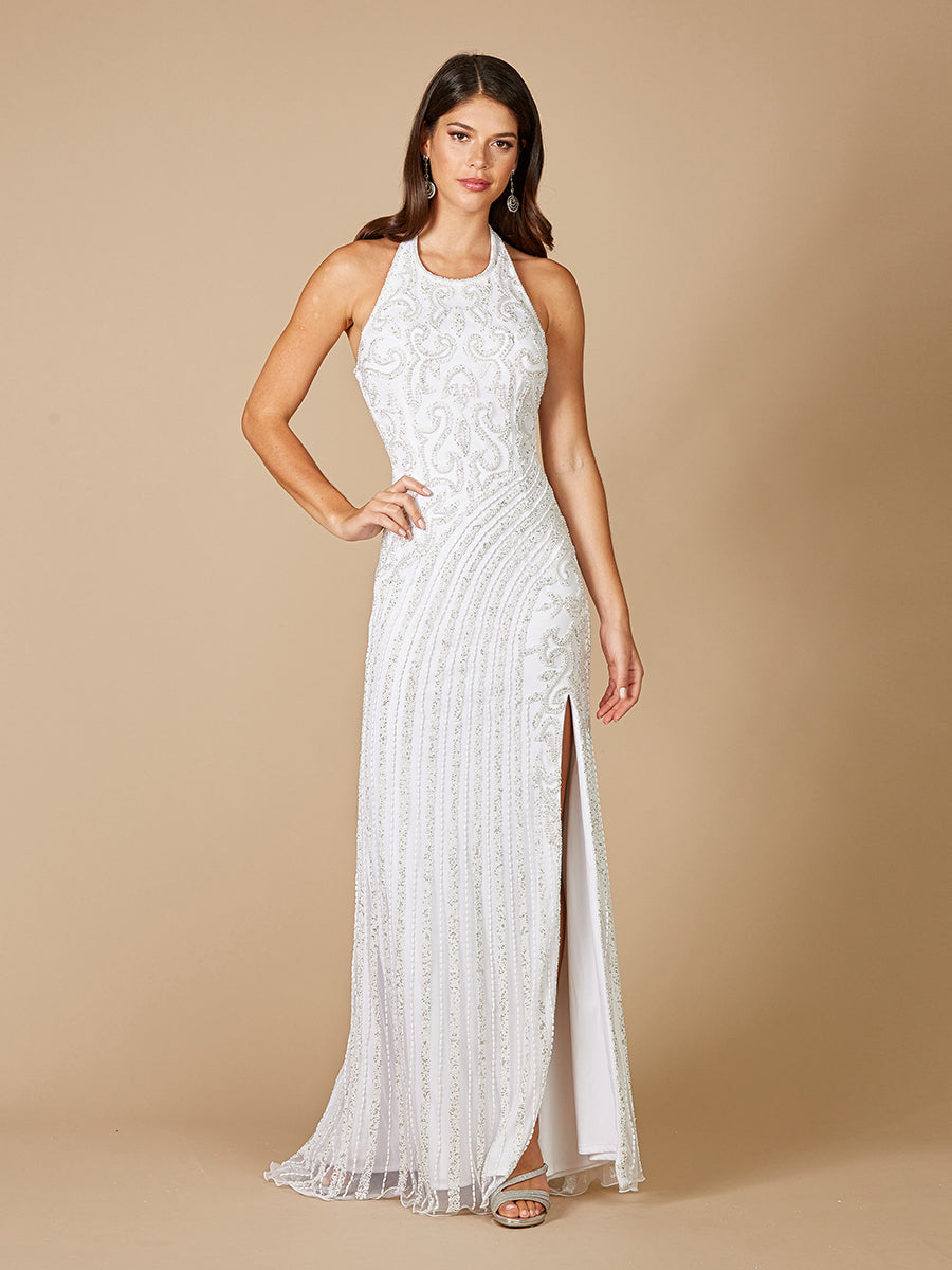 Beaded Sheath Wedding Dress With Halter Neckline And Open Back