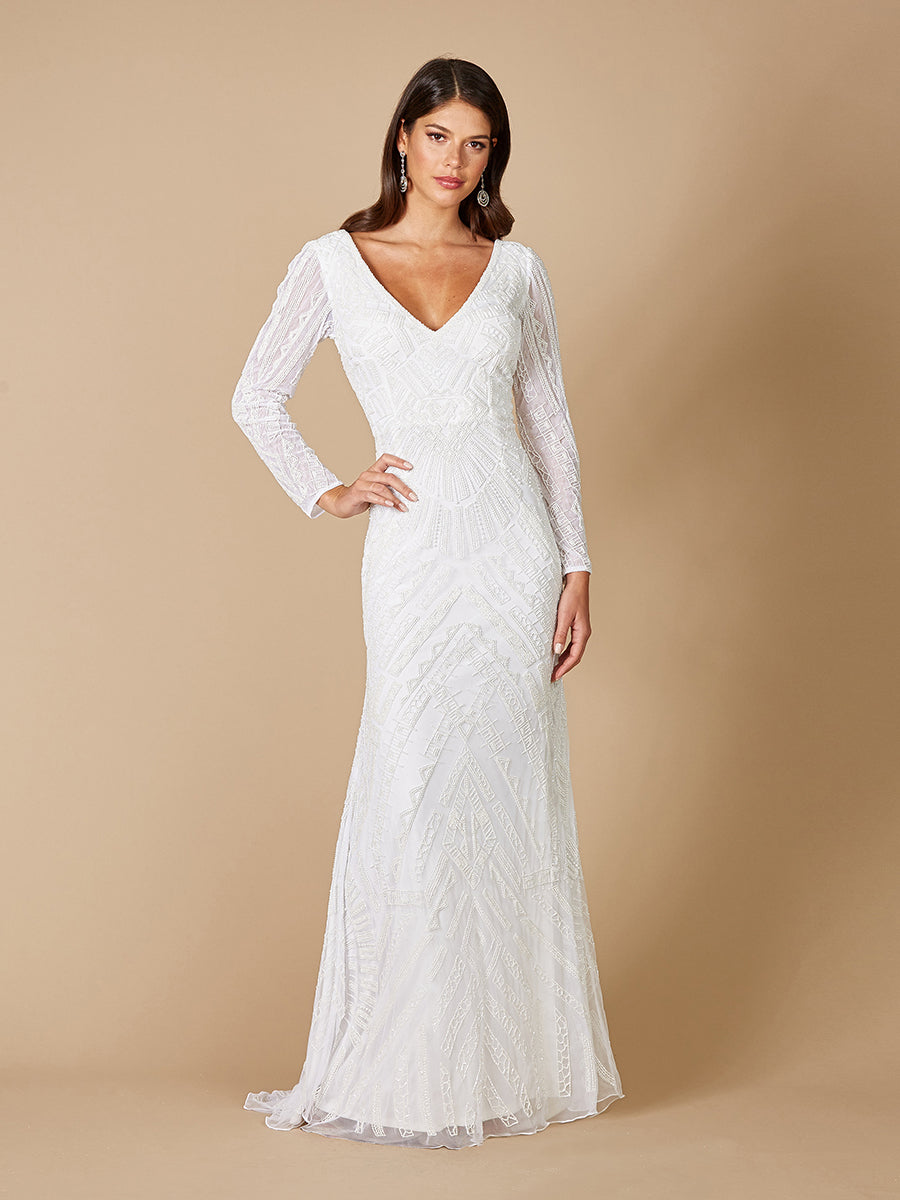 Lara Women's White Gretchen V-Neck Long Sleeve Wedding Dress - Ivory Lara Women's White Gretchen V-Neck Long Sleeve Wedding Dress - Ivory