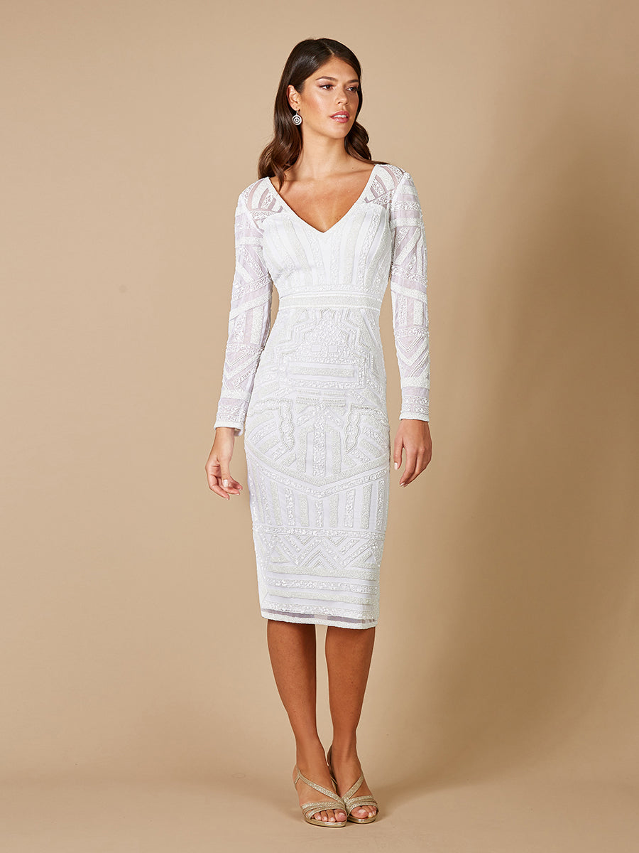 Lara 51076 Gloria Long Sleeve Beaded Midi Dress Ivory / 2 Lara 51076 Gloria Long Sleeve Beaded Midi Dress Ivory / 2