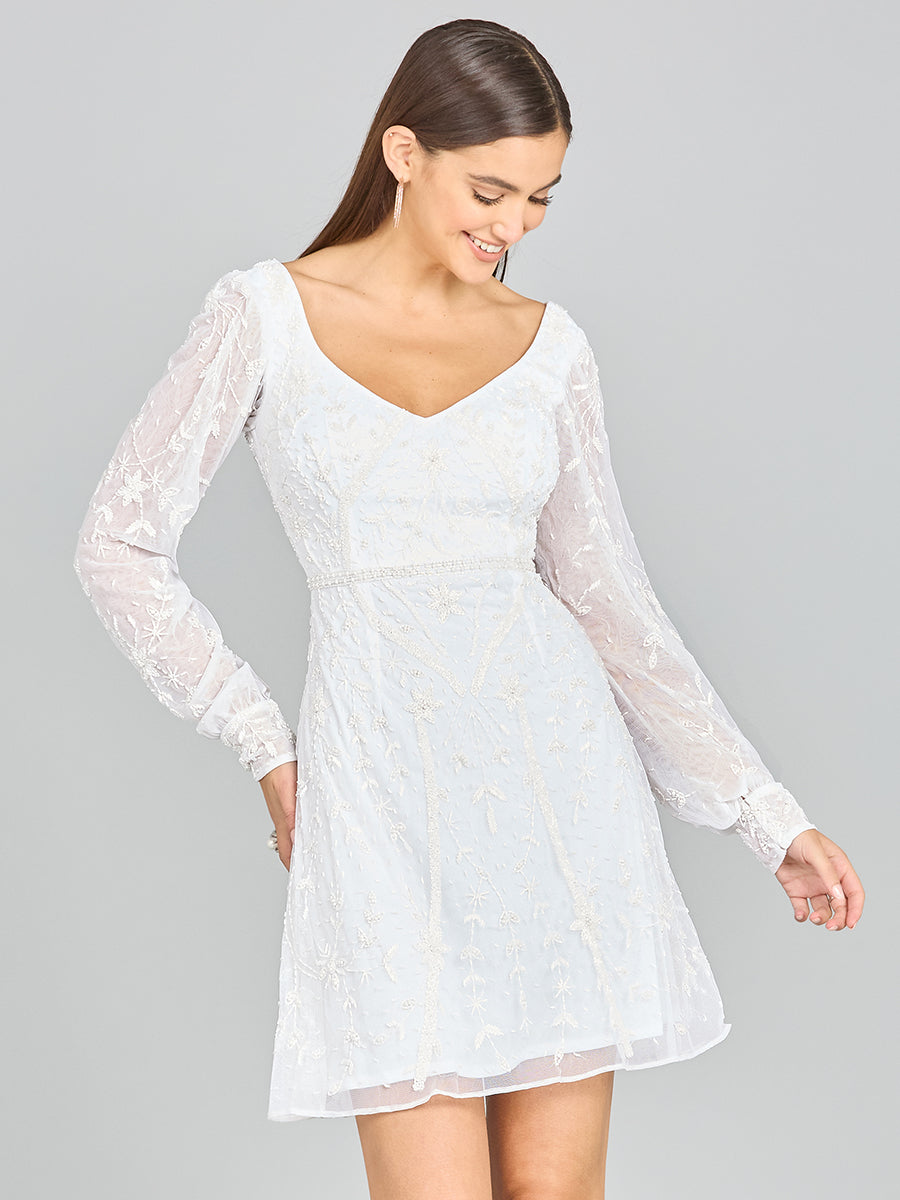 Lara 51116 - V-Neck Long Sleeve Bridal Cocktail Dress Ivory / 10 Lara 51116 - V-Neck Long Sleeve Bridal Cocktail Dress Ivory / 10