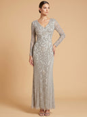 Long Sleeve V-Neck Beaded Evening Gown | 28836