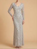 Long Sleeve V-Neck Beaded Evening Gown | 28836