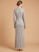 Long Sleeve V-Neck Beaded Evening Gown | 28836