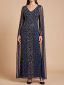 V-Neck Linear Beaded Dress with Long Cape |  28838