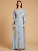 V-Neck Beaded Dress with Long Cape |  28839