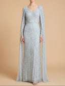 V-Neck Beaded Dress with Long Cape |  28839