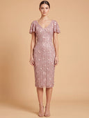 3D Floral Embellished Midi Dress with Cape Sleeves | 28851