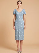 3D Floral Embellished Midi Dress with Cape Sleeves | 28851