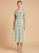 3D Floral Embellished Midi Dress with Cape Sleeves | 28853
