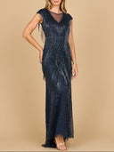 Beaded Fringe V-Neckline Dress with Cap Sleeves | Lara 28858
